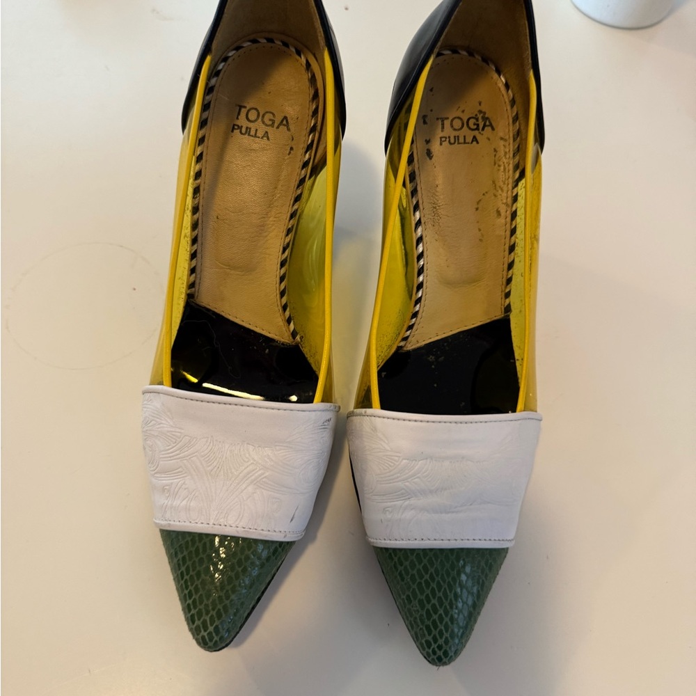 TOGA Pulla Green and Black Heels with Color-Block Design- metal detail wedge pum